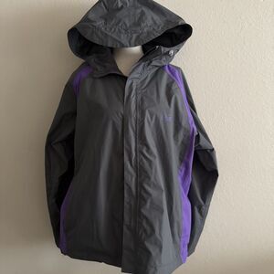 Coleman Rain Jacket Womens L/XL Gray Purple Hooded Long Sleeve Full Zip Lined